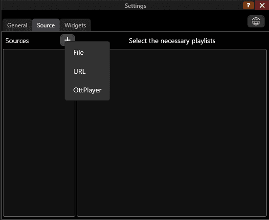 Sources menu in Settings